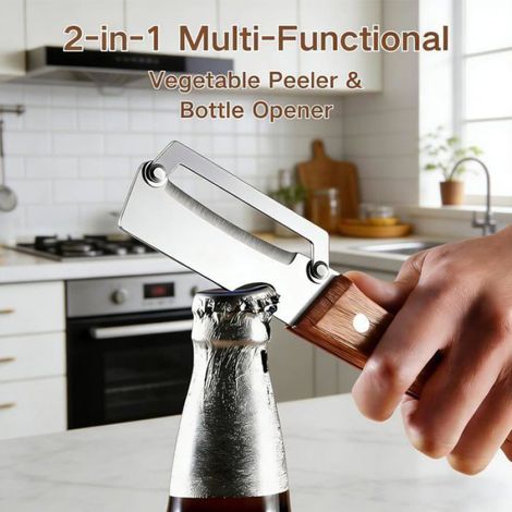 Éplucheur de Légumes 2-en-1 avec Manche en Bois–Couteau Éplucheur Multifonction en Acier Inoxydable avec Ouvre-Bouteille(1PCS) (1/5)