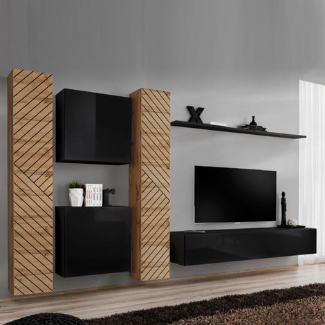 Ensemble Meuble TV "Switch Lamel VI" 330cm Noir & Naturel (1/5)