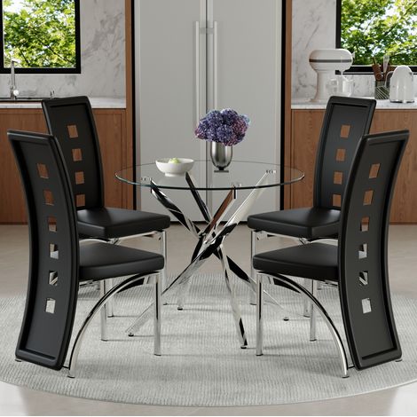 Conjunto de mesa y 4 sillas de comedor (88x88x75 cm), vidrio templado, respaldo perforado, metal y PU, negro plata transparente (1/5)