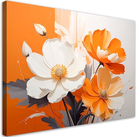 Stampe su Tela, Fiori bianchi e arancioni su uno sfondo arancione brillante. - 30x20 (1/2)