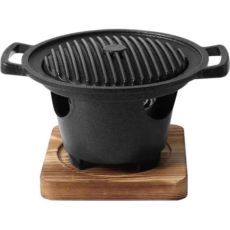 Poêle à Griller Barbecue D’intérieur pour 1 Personne, Four à Grill Charbon Compact, Plaque Japonaise Ronde Petite Taille, Support Triangulaire en Bois, Antiadhésif et Écologique (1/5)