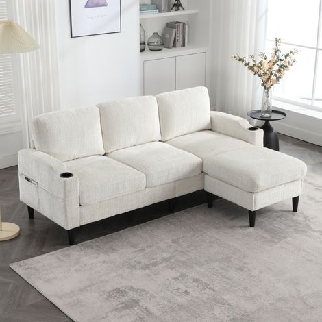 Canape 4 places avec pouf rangement chenille beige OKMYHOME (1/5)