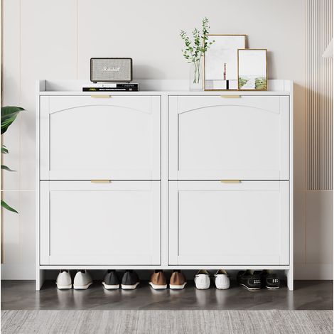 Meuble à chaussures 110x24x90 cm avec 4 compartiments abattants et rangements ouverts, blanc (1/5)