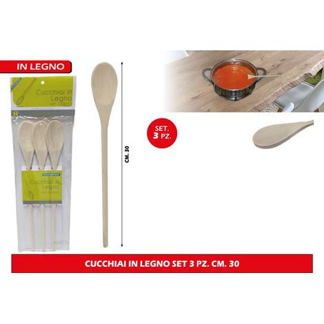 Set 3 Pezzi Mestolame Cucchiaie da Cucina in Legno 30 cm