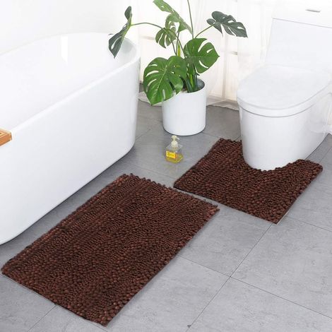 Set of 2 chenille bath mats, soft, non-slip, rectangular, absorbent, durable long pile for bathtub, shower, bathroom, toilet (cafe, set of 2) (1/5)