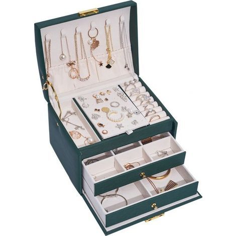 Boîte à bijoux pour femme, boîte de rangement à bijoux, boîte à bijoux de voyage avec 2 serrures de tiroir pour bagues, bracelets, boucles d'oreilles, colliers, cadeaux, intérieur en velours, meilleur (1/5)