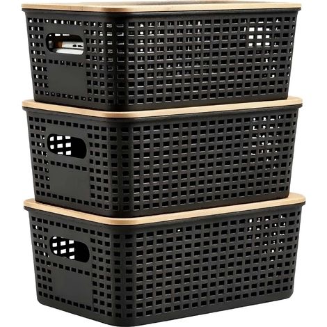 Relaxdays Box portaoggetti, set da 3, con coperchio, plastica e bambù, manici, HLP: 11x25,5x18,5 cm, nero (1/5)