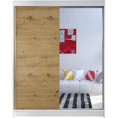 Armario Closico Vastor I, Blanco + Roble Artisan, 200x150x58cm, Puertas de armario: Correderas, Número de estantes: 5