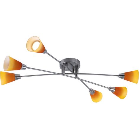 Deckenleuchte Deckenlampe Spotleuchte Wohnzimmerleuchte Schlafzimmer, 6 flammig, Nickel matt Chrom Glas gelb orange, 6x GU10 9W 420Lm 2700K, HxLxT 15x77x45cm