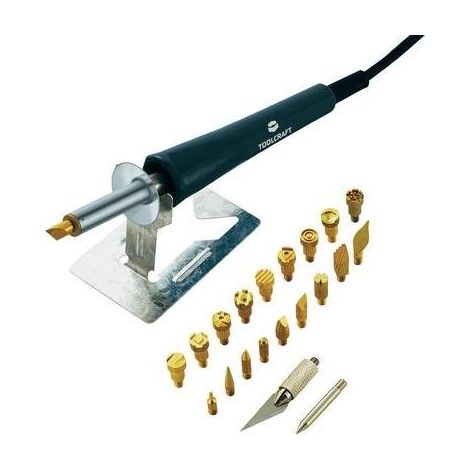 Toolcraft – Kit pyrogravure 24 pcs – Température 220 à 580 °C – 10 pointes et 9 tampons – Pour bois, cuir, polystyrène