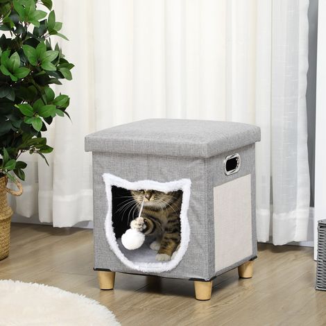Katzenhaus für drinnen, 2-in-1-Katzenhaus mit Holzbeinen, herausnehmbarem, waschbarem Kissen und Ball, 35,5 x 35,5 x 42,5 cm, grau
