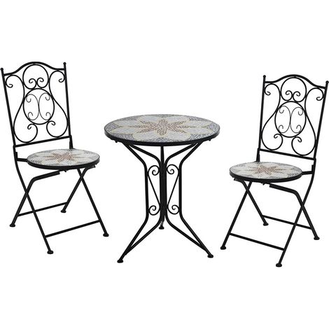 Tavolo CM60 in Ferro Battuto con Piano in Ceramica MOSAICO + 2 Sedie Pieghevoli– Set per Esterni Giardino Balcone TERRAZZE (1/5)