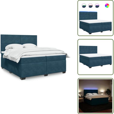 Boxspringbett mit Matratze Blau 200x200 cm Samt - Boxspringbett - Samtbett - LED Beleuchtung - Höhenverstellbares Kopfteil - Matratzenauflage (1/5)