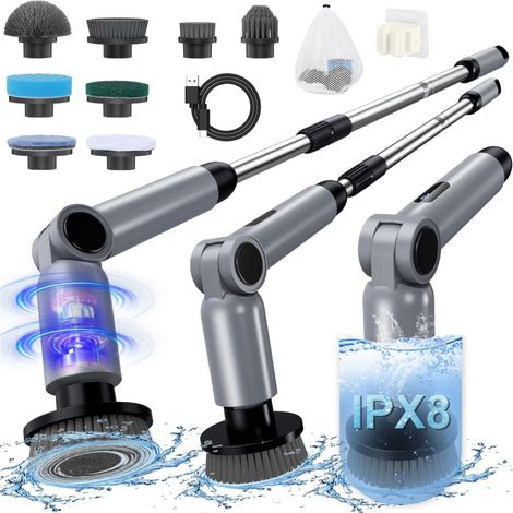 Electric Cleaning Brush, [IPX8 Waterproof] Rotating Cleaning Brush, Folding Design, with Telescopic Handle and 8 Accessory Heads for Bathroom, Car, Window, Shower