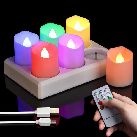 6 bougies chauffe-plat LED rechargeables multicolores avec station de charge et câble USB, Bougies RGB avec télécommande, Minuterie à intensité variable, 4 x 4.5cm (1/5)