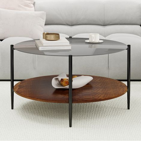 Tavolino da caffè rotondo 82x82x45 cm nero e legno con doppio ripiano in vetro temperato (1/5)
