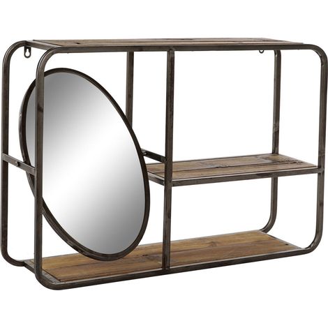 Etagère murale bois et métal avec miroir pour déco - Marron foncé et noir élégant (1/5)
