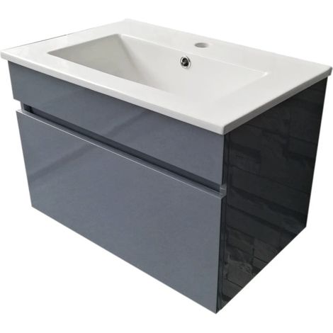 Meuble salle de bain 60 cm gris laqué avec vasque lavabo et plan céramique, meuble sous vasque moderne avec tiroir pratique pour salle d’eau (1/5)