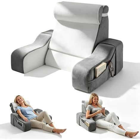 Coussin de lecture réversible 2 en 1 pour lit et canapé, avec accoudoirs amovibles et coussins de tête, 2 angles d'inclinaison pour le dossier de 20° et 55°, chaise de lit pour lire, jouer (1/4)