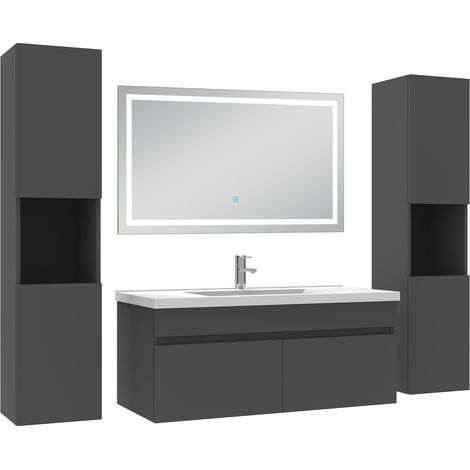 Acezanble Ensemble meubles Salle de Bain 100cm avec colonne + miroir lumineux 3 couleurs + dimmable Anthracite