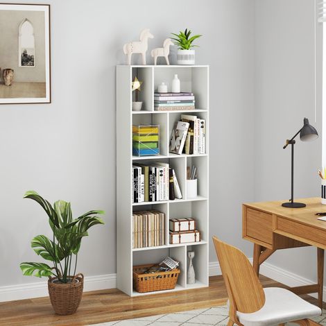 Bibliothèque à 5 Niveaux Etagère de Rangement en Bois avec 10 Compartiments Séparateur de Pièce au Sol Blanc (1/3)