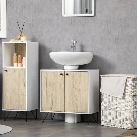 Mobiletto sottolavabo, mobiletto da bagno con 2 ante, gambe in acciaio, 60 x 30 x 60 cm, bianco e legno naturale