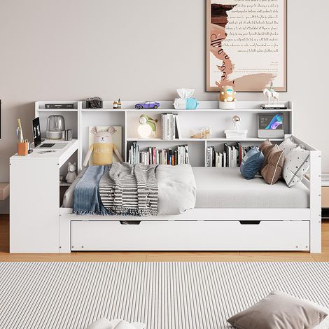 Canapé-lit en bois massif, 90200 cm, avec bureau, étagères, compartiments de rangement, avec prises de courant, lit escamotable en dessous, blanc (1/5)