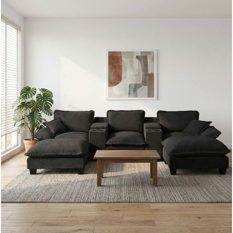 Canapé modulaire d'angle en chenille noire, 323 x 151 x 90 cm, 2 ottomans, USB (1/5)