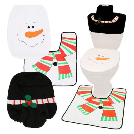 Traducción al español: Alfombra de baño y cubierta de asiento de inodoro navideños de 3 piezas con muñeco de nieve.