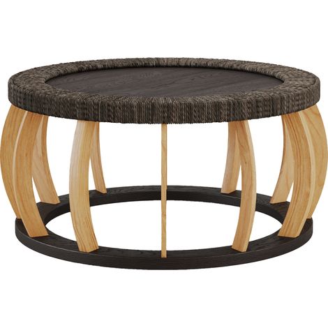 Mesa de centro redonda vintage de madera y ratán negro marrón 90 x 90 x 43 cm (1/5)