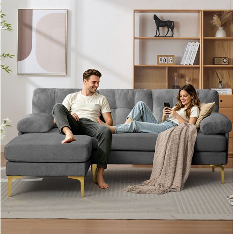 Sofà angolare 187.5x130x79 cm grigio in tessuto chenille con penisola reversibile e gambe in metallo (1/5)