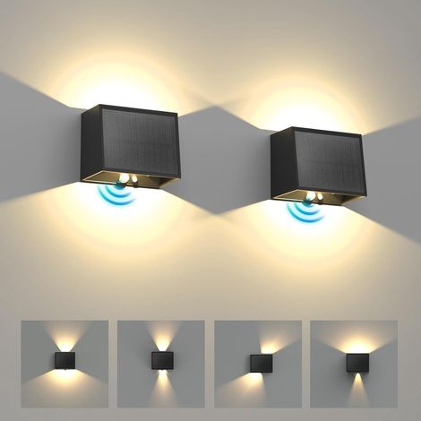 Lampe Solaire Murale Exterieur Detecteur de Mouvement, Haut & Bas Applique Solaire Exterieur, 1500mAh Lumière Murale Étanche Sans Fil, 3 Modes Lumière Sécurité pour Jardin Clôture Lot de 2