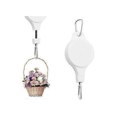 Lot de 2 poulies pour paniers suspendus, rétractables, réglables et robustes, avec 3 crochets de plafond blancs pour suspension de plantes. (1/4)