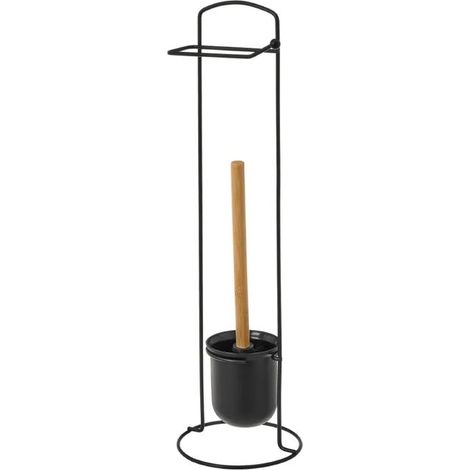Porte-rouleau WC - JUANIO - Design 2 en 1 - Noir - Manche bambou - Hauteur 59 cm (1/3)