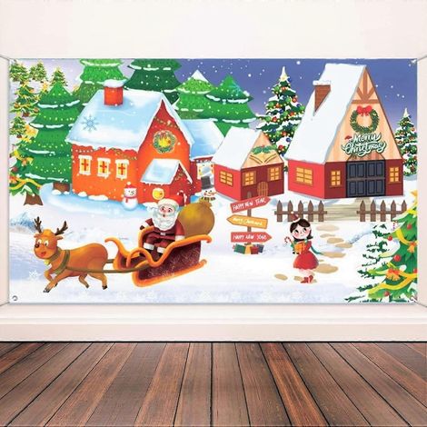 Fond mural de Noël 180 cm x 110 cm, bannière de fond pour photomaton « Village du Père Noël » avec très grande scène murale du Pôle Nord en tissu. (1/5)