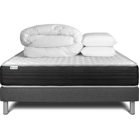 Komplettpaket Bett - Matratze 180x200 cm + Boxspringbett mit Lattenrost (im Set) + 2 Kopfkissen + Bettdecke - Vitalmemo One