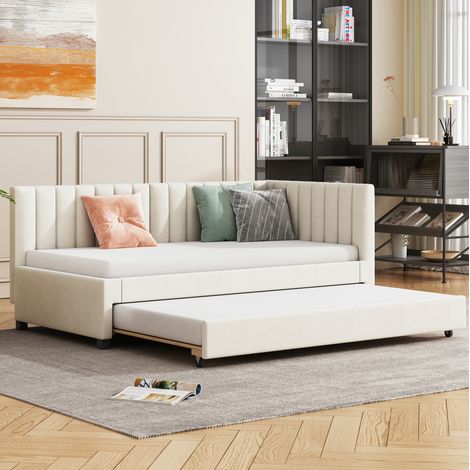 Sofá cama 90x200 cm beige tapizado en terciopelo con cama nido y somier de lamas (1/5)