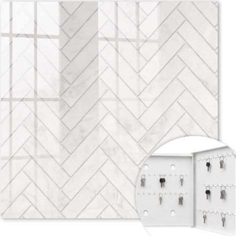 Armoire à clés - (30 cm x 30 cm) - Boîte à clés murale - Coffret de rangement pour clés - Couleur blanche - Ouverture vers la droite - Pour maison et bureau - Motif à chevrons en marbre