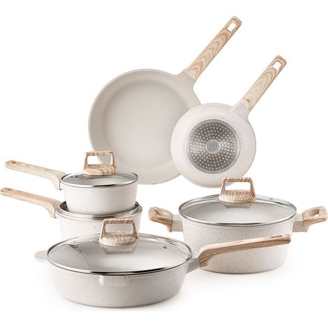 Set de 17 pièces de casseroles et poêles, revêtement granit antiadhésif, compatible induction, avec couvercles en verre trempé et protections, blanc. (1/5)