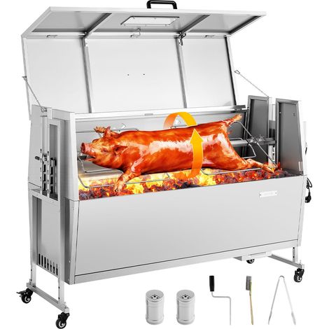 Barbecue à Charbon avec Tournebroche Électrique 38 W, Rôtissoire à Charbon de Bois Capacité de Charge 60 kg, avec Roues et 4 Niveaux de Hauteur, Broche en Inox, pour Agneau Porcelet, Camping (1/5)