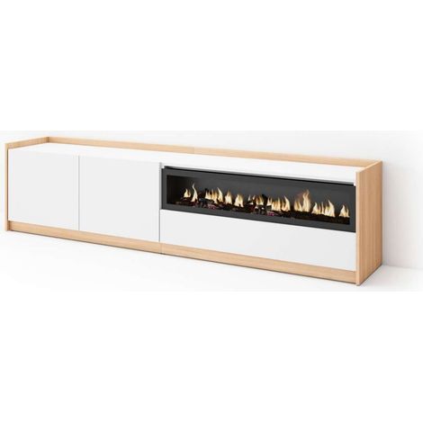 Mueble TV Málaga-02 de 207x50x37 cm con chimenea eléctrica, color blanco y roble soft (1/4)