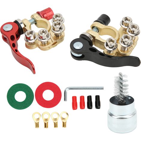 Lot de 2 bornes de batterie 4 voies en laiton (positive et négative), excellente conductivité électrique, compatibles avec les bornes SAE et JIS de type A (voiture, bateau). (1/5)