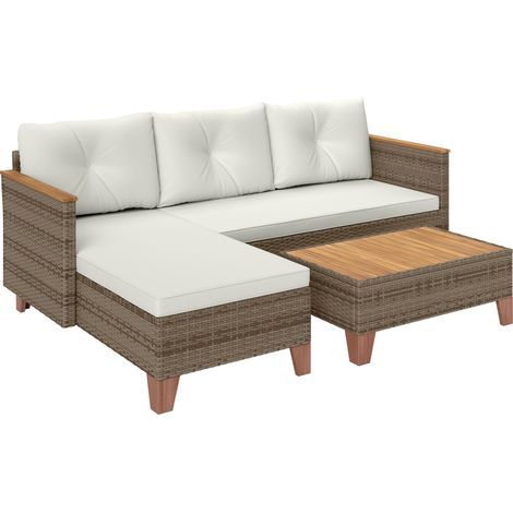 Set Salotto da Giardino Divano 2 Posti con Chaise Longue e Tavolino in Rattan PE Crema (1/5)