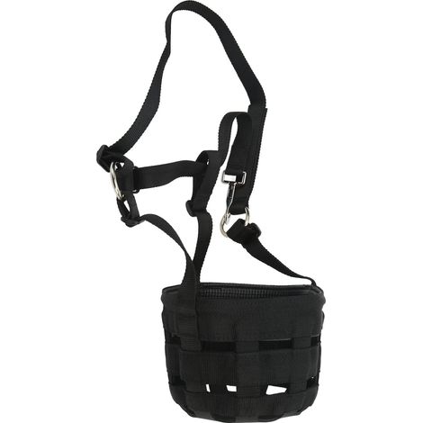 Muzzle for horses, adjustable in several places, black, made of PP and rubber, 63 cm in circumference, with large holes for easy breathing, prevents biting, basket of (1/5)