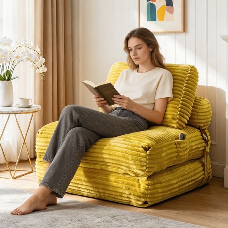 Pouf Lazy canapé, canapé-lit pliant 87x86x40cm chauffeuse d’Appoint, assise au sol, sans montage, Tissu Facile à Nettoyer-Jaune (1/5)