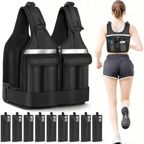 Gilet de Musculation réglable de 0.5 kg à 8.6 kg, Gilet Lesté Homme Femme avec Bande Réfléchissante pour Course à Pied Musculation Entraînement Force Endurance Exercice Cardio, Noir (1/5)