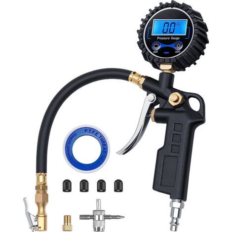 Manomètre numérique pour pneus avec gonfleur, mandrin d'air et compresseur de 250 PSI, accessoire robuste avec coupleur à connexion rapide, résolution d'affichage de 0,1, accessoires automobiles et ca (1/5)