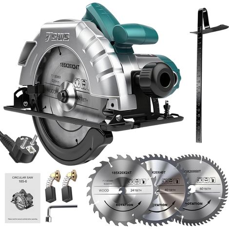 Scie Circulaire 1200W avec Rail de Guidage, Scie Circulaire Électrique Filaire 5200RPM, Profondeur de Coupe Max : 60mm (90°) et 45mm (45°), 3 Lames de Scie Ø : 185mm (24T + 40T + 60T) pour Bois, PVC (1/5)
