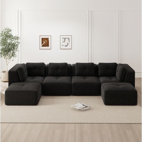 Sofá modular en U con ottomana, 386 x 177 x 69 cm, tejido de corduroy, negro OKMYHOME (1/5)