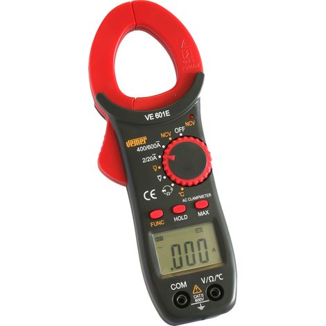 Pinza Amperometrica Digitale per Elettricisti con Multimetro-NCV LED-CAT II 600V-Misura Corrente AC-Tensione AC/DC-Resistenza-Temperatura con Sonda K Vemer VE772400 VE 601E